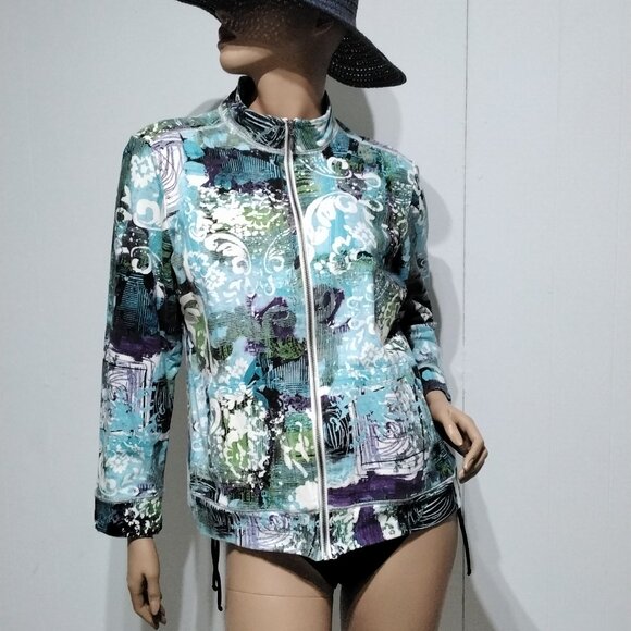 Additions by Chico's Funky Floral Abstract multi-color Zip Light Jacket Size 2 - Picture 2 of 16